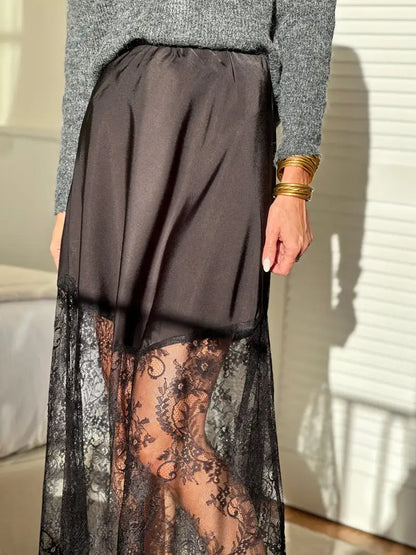 Lace Stitching Skirt Women's Casual Midi Skirt High Waist A-Line Skirt with Pockets Solid Color