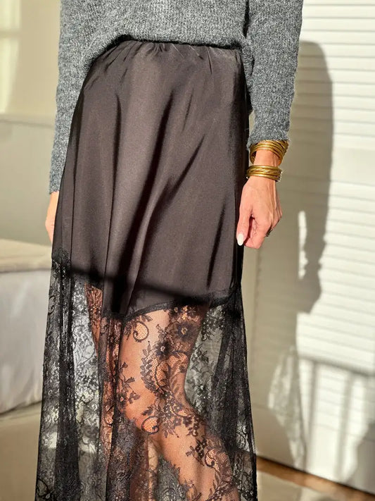 Lace Stitching Skirt Women's Casual Midi Skirt High Waist A-Line Skirt with Pockets Solid Color