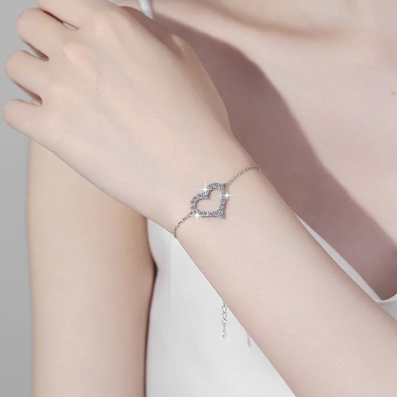 Heart Shape Full D Color Moissanite Link Bracelet Pendant for Women Girls S925 Silver Lab Diamond Chain Bracelets Earrings