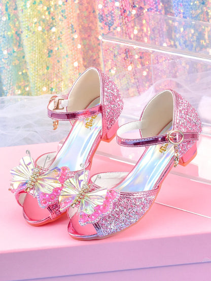 Women's girls' fashionable crystal bow high heels, student princess shoes
