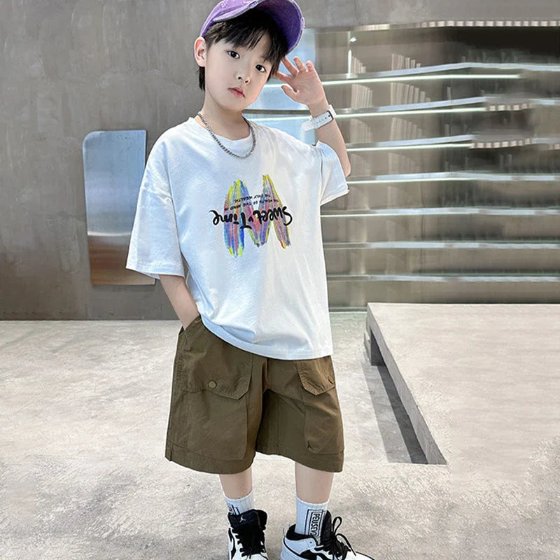 Summer Boys Clothing Set Fashion Short Sleeve Letter T-shirt Shorts 2Pcs For 4-12 Years Kids Tracksuits Teenager Casual Outfits