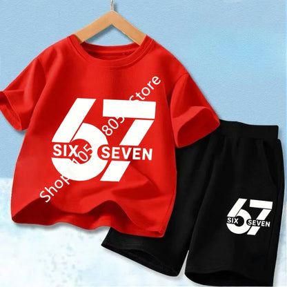 New 67 Number Six Seven Print Kids Cool Summer T-shirt 3-12Yrs Clothes Cartoon Short-sleeved+Shorts Boys Girls Sports Casual Set