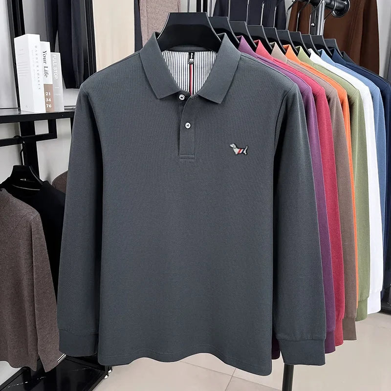 100% pure cotton autumn high-end luxury men's brand long sleeved polo shirt original embroidered dog design golf top T-shirt