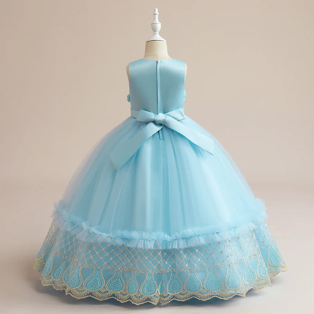 Summer Flower Bridemaid Girl Dresses Elegant Embroidery Princess Party Wedding Evening Dress for Girls Bow Birthday Prom Costume