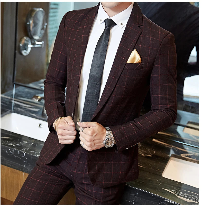Men's Casual One-Button Plaid Suit Two-Piece Set Business No-Ironing Best Man M-5XL 2025 Fashion Comfortable Fit