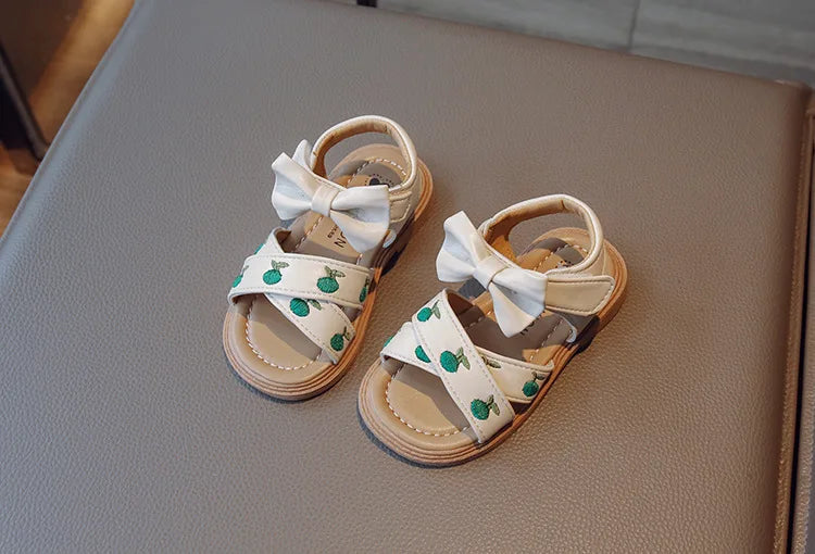 Baby Girls Leather Sandals Princess Sweet Kids Beach Sandals Summer New Children Toddlers Bow Sandals Embroidery Fruit Fashion