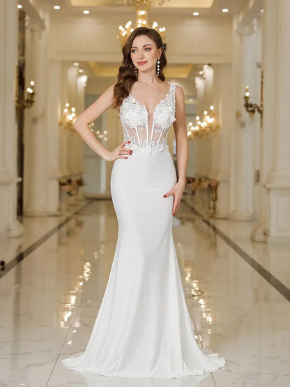 2025 Womens Mermaid Evening Dresses V-Neck Pearl Lace Appliques Straps Illusion Backless Prom Dress Train Wedding Bridal Vestido