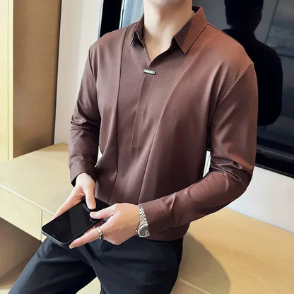 Stitching Special V-neck Long-Sleeved Polo Shirt, Men's High-Grade Elasticity Traceless Lapel T-shirt, Royal Blue Seamless Top