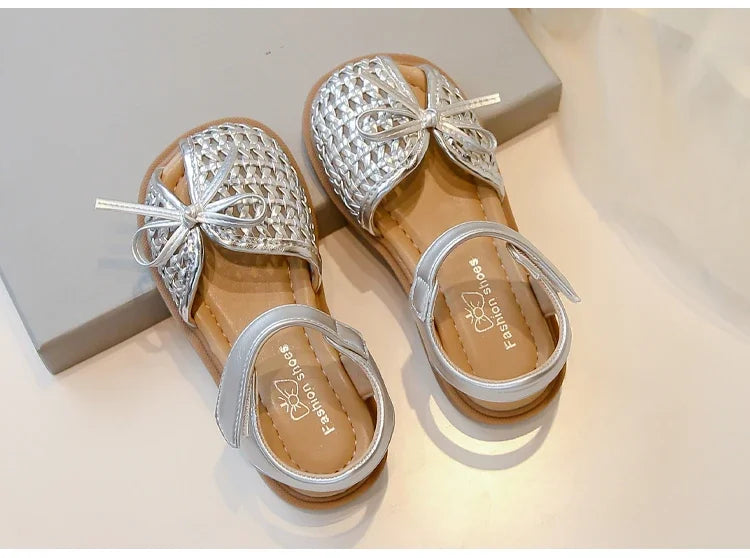 Girls Princess Shoes Weave Breathable Kids Beach Shoes with Simple Bows 2025 Summer New Children Sandals Soild Color Non-slip