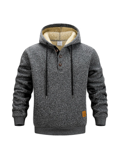 Men's Half Button Hoodie Thicken Winter Hooded Sweatshirts Retro Warm Fleece Knit Sweater Outdoor Running Sports Casual Pullover