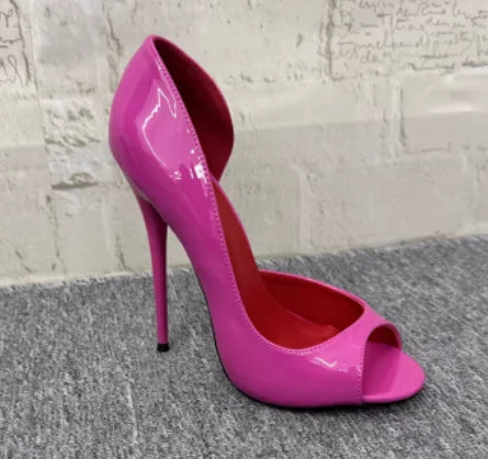 New black patent leather and red lining 12cm sexy fish mouth shoes, shallow mouth super high heels, plus size shoes 33-46