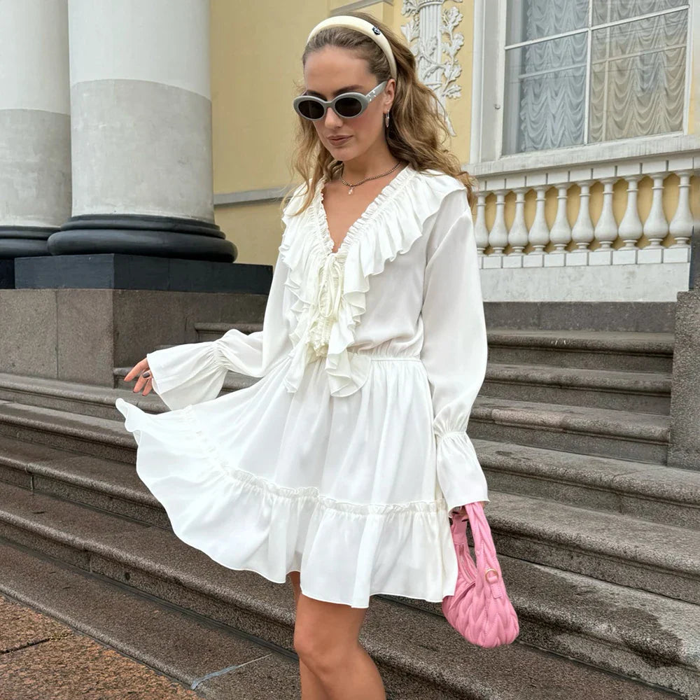 White Ruffle Bandage Mini Dress Women's Elegant Patchwork Long Sleeve Dress New Slim V Neck Lace Up Summer Mini Dress