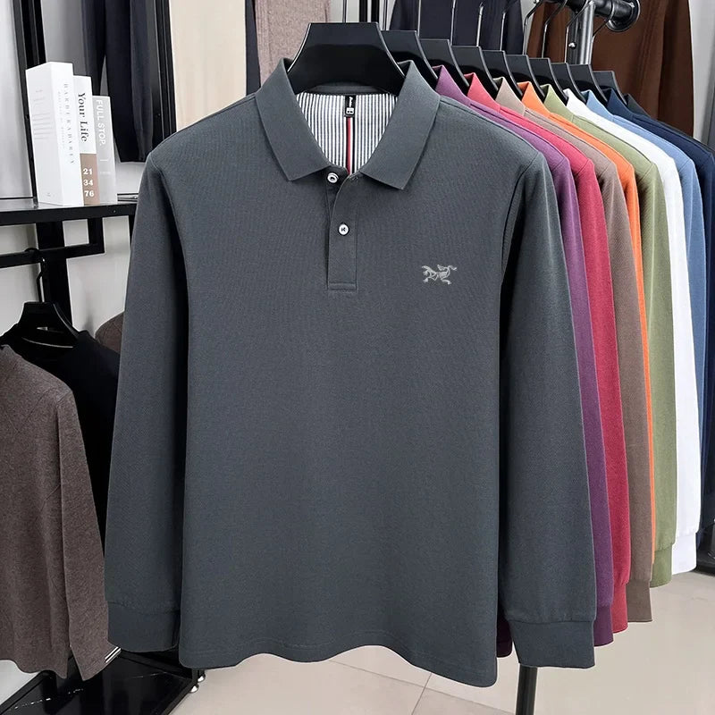 100% pure cotton high-end luxury brand men's long sleeved polo shirt autumn fashion original embroidery design golf top T-shirt