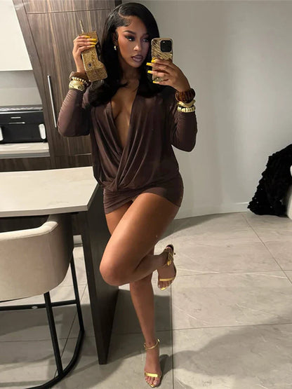 Cross Deep V-Neck Dress Women Full Sleeve Stretch Solid Midnight Street Clubwear Party Autumn Trend Elegant Mini Bodycon