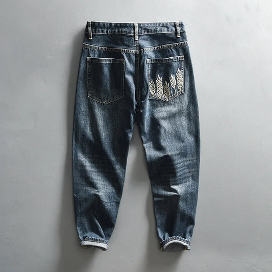 Spring New Cargo Vintage Straight Jeans for Men Clothing Soft Cotton Casual Streetwear Men Pants AG7116