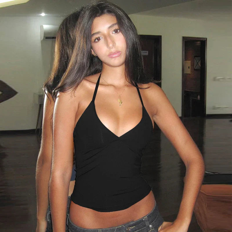 Solid Halter Backless Bandage Sexy Slim Crop Camis Top 2025 Summer Women Fashion Y2K Clothes Streetwear Festival Club