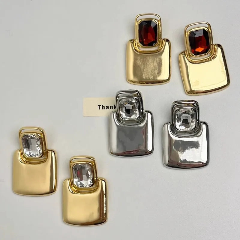 Vintage Exaggerated Metal Square Geometric Crystal Large Earrings for Women European American Personality Party Heavy Jewelry