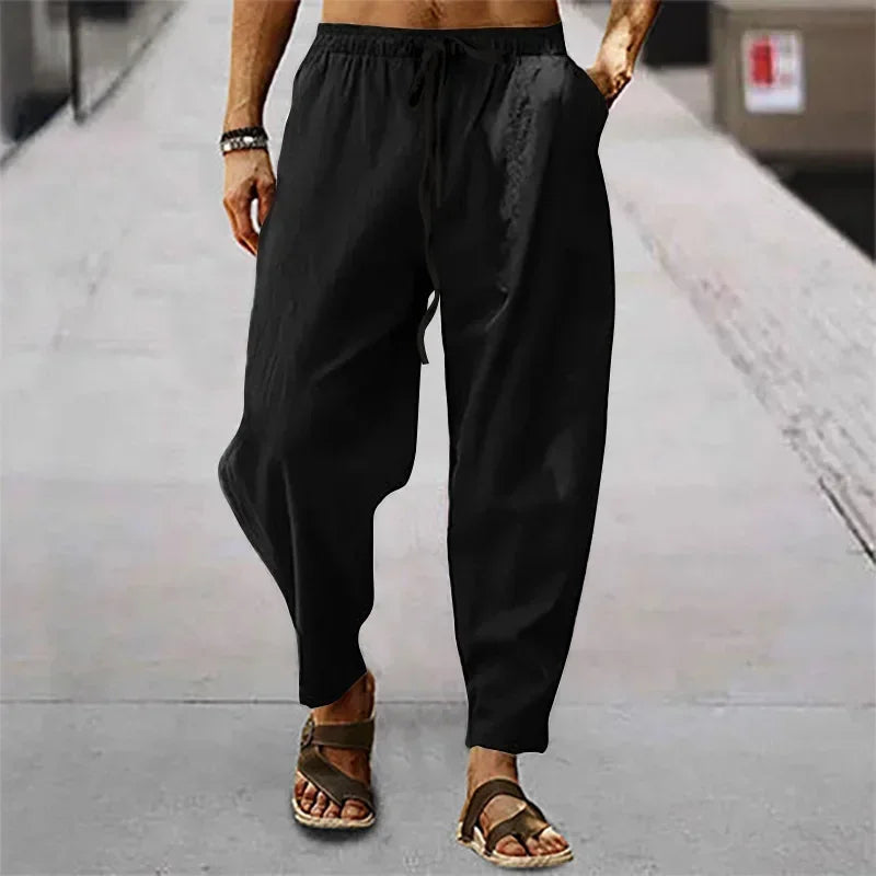 Men spring Summer Cotton Linen Waist Wide-Leg Trousers Men Solid Elastic Waist Streetwear Joggers New Baggy Casual long Trousers
