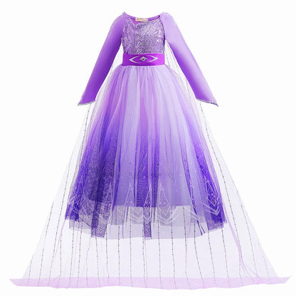 Frozen Cartoon Movie Elsa in Castle Purple Ball Gown with Long Train Princes Snow Queen Elsa Dress for Girls Role Play Halloween
