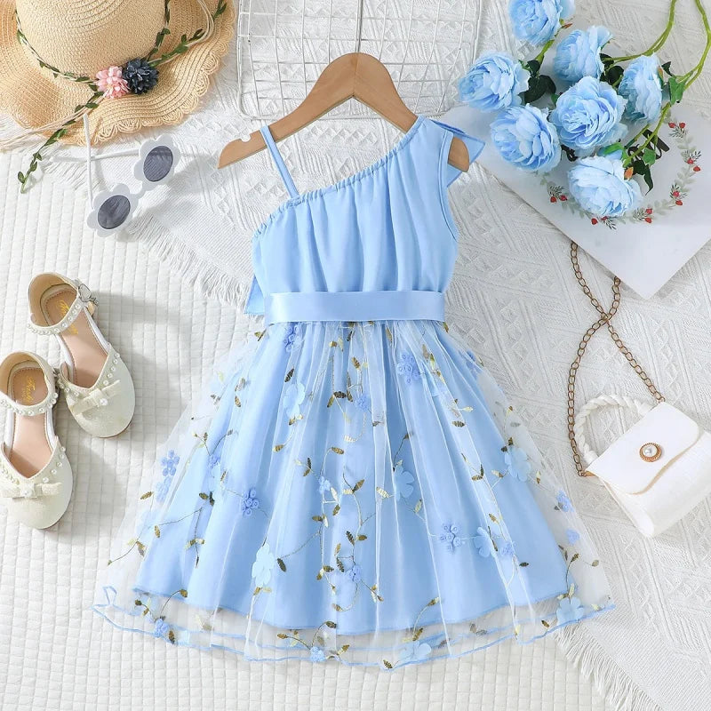 Girls Baby England Style Dresses Kids Lotus Leaf Sloping Shoulder Suspender A-line Skirt Summer Children Fashion Party Clothes