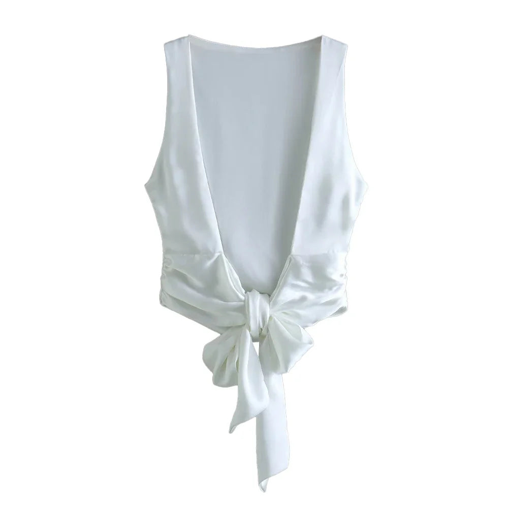 Women Sexy Fashion With Tied Satin Back Open Crop Blouses O Neck Sleeveless Female Shirts Blusas Chic Tops