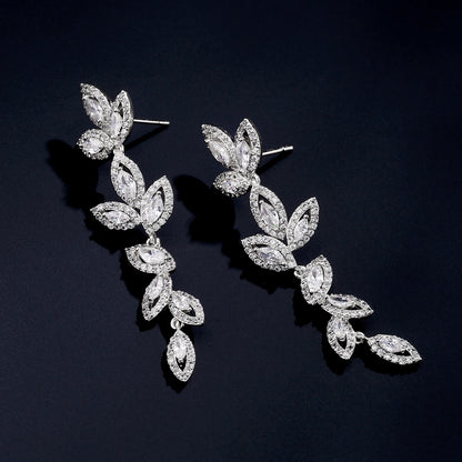 Luxury Polish Best Selling Leaf CZ Long Drop Earrings for Women Elegant AAA Zircon Bridal Earring  Wedding Party Jewelry