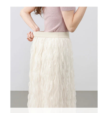 Sweet Style Mesh Skirt Women 2026 A-line Holiday Vacation High Waist Ruffles Long Skirt Woman Clothing W52Q80351
