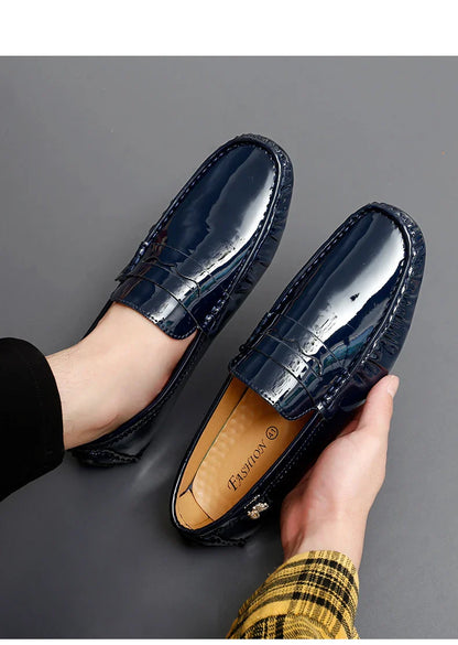 Patent Leather Beanie Shoes Men's New Spring and Summer Large Size Patent Leather Casual British Leather Shoes Women's Slip-On Lazy Casual Shoes Handmade Shoes