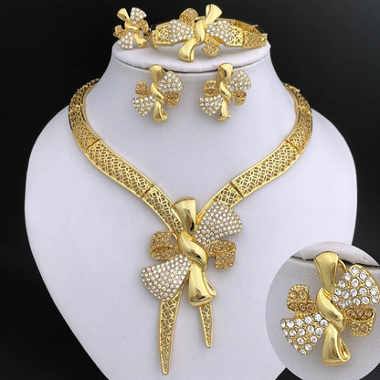 Conjunto de Joias Femininas Banhadas a Ouro 18k, Design Clássico, Colar, Brinco, Pulseira e Anel, Conjunto de 4 Peças, Joias para Festa de Casamento, Itália