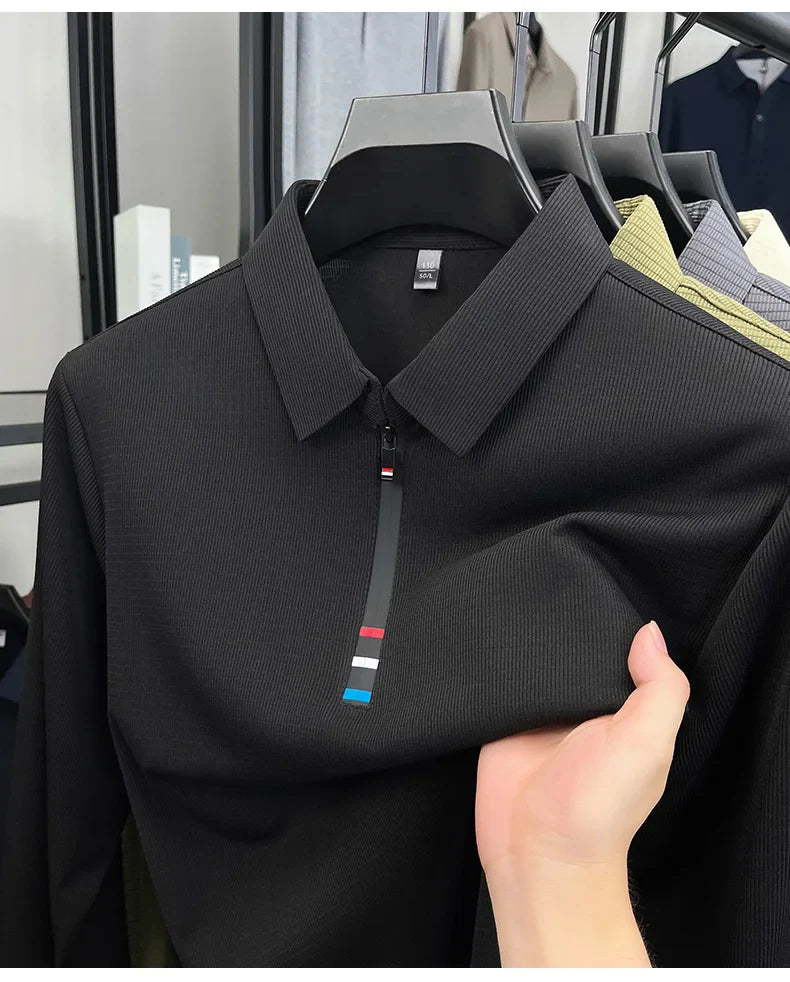 Light luxury half zipper men long sleeve polo shirt high-quality unique checkered printed Korean style trend new casual T-shirt