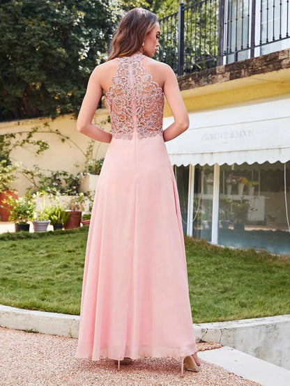 Vestido de Madrinha com Gola Halter Renda Pérolas Corpete Saia Longa até o Chão Chiffon Sexy Costas Abertas Roupa de Casamento