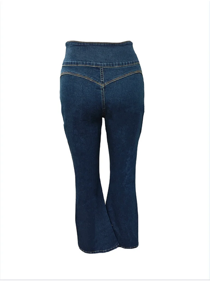 Fashion High Street Simple Spring Jeans Pants Women Solid Color High Waist Pocket Button Slim Flared Trousers