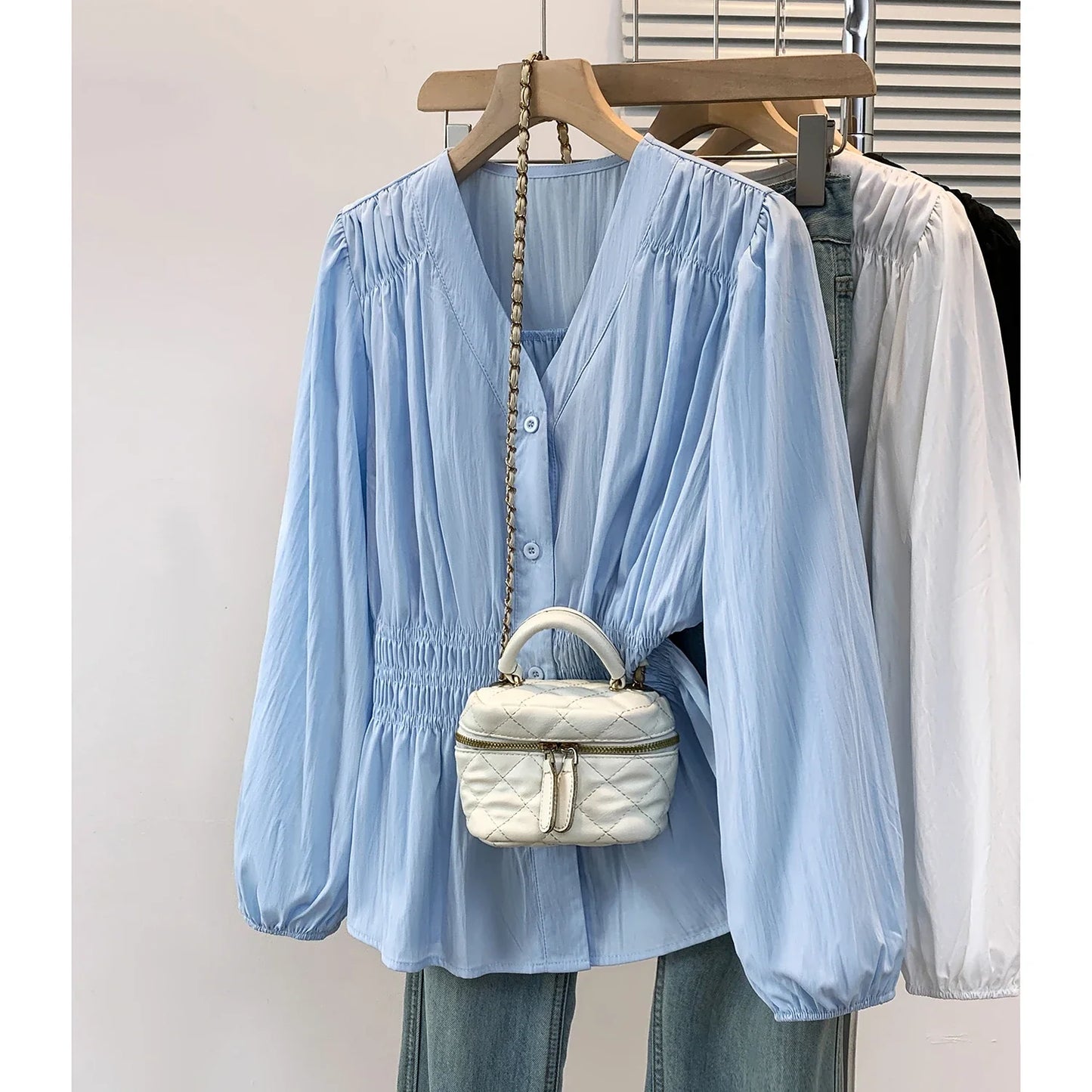 2026 V-neck Long Sleeved Plus Size Shirt Loose Pleated Ruffle Oversized Tops Ladies Chic Elegant Solid Versatile Blouse