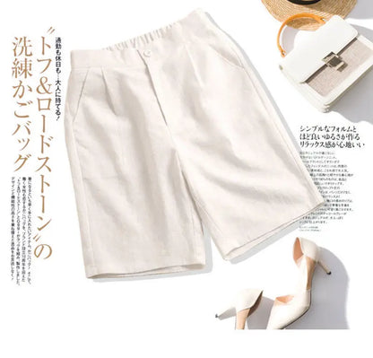 Khaki Solid Casual Linen Cotton Elastic High Waist Wide Leg Button Loose Women's Shorts Korean Fashion Summer Shorts Women 2024