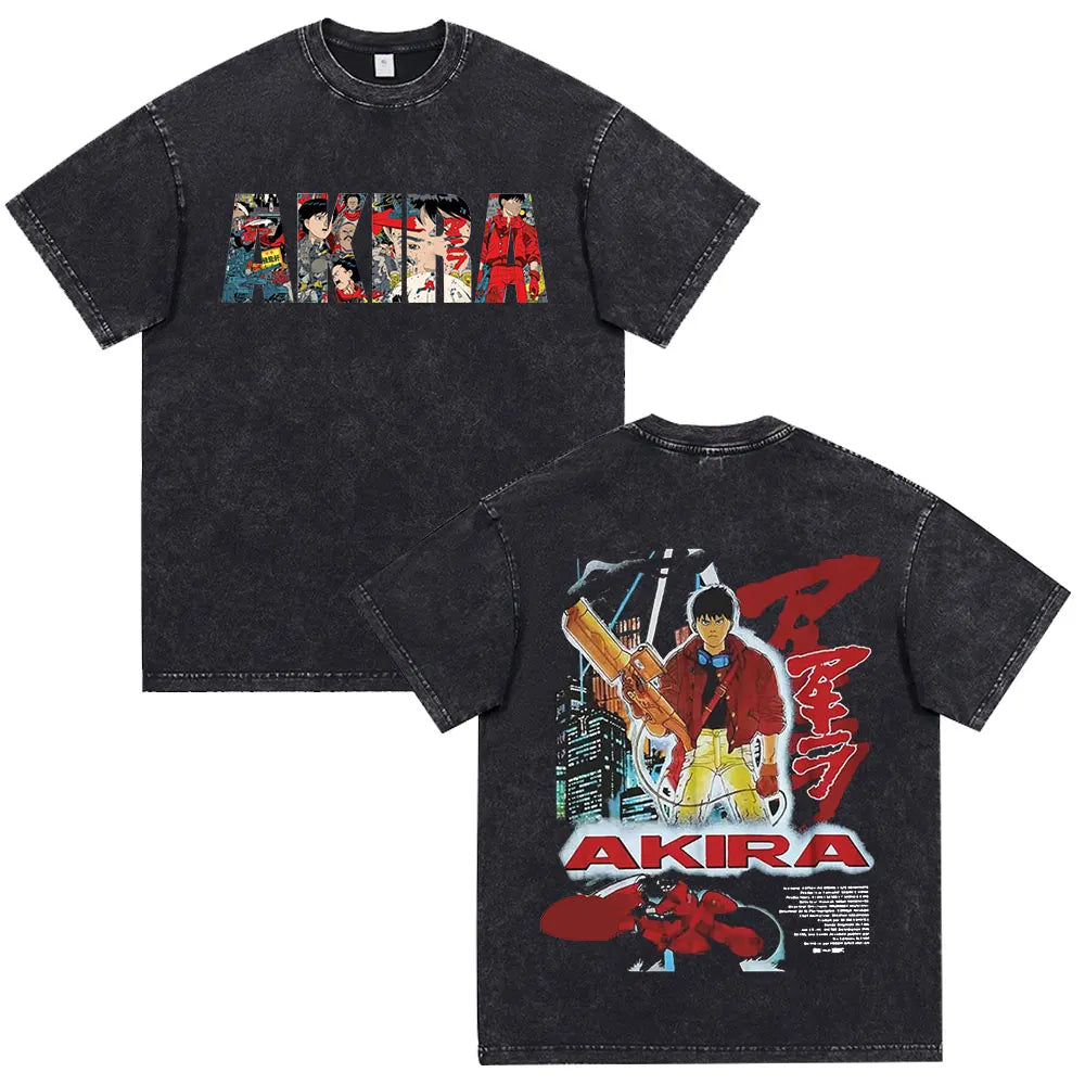 Japanese Anime Akira Washed Vintage T Shirt Science Fiction Cartoon Movie Shotaro Kaneda T-shirt Men Women Cotton Casual T-shirt