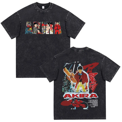 Japanese Anime Akira Washed Vintage T Shirt Science Fiction Cartoon Movie Shotaro Kaneda T-shirt Men Women Cotton Casual T-shirt