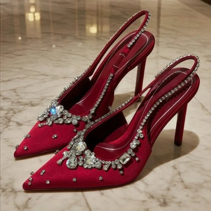 Luxury Diamonds Designer High Heels Women Satin Pointy Toe Pumps Rhinestone Sandals Female Shiny Sexy Wedding Dress Party Shoes