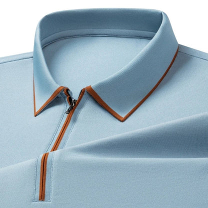 Men's Silk Zipper Polo Shirt Short Sleeve Mulberry T-Shirt Metal Zipper, Stand Collar Luxury Casual Summer Top Cotton&Linen Tee
