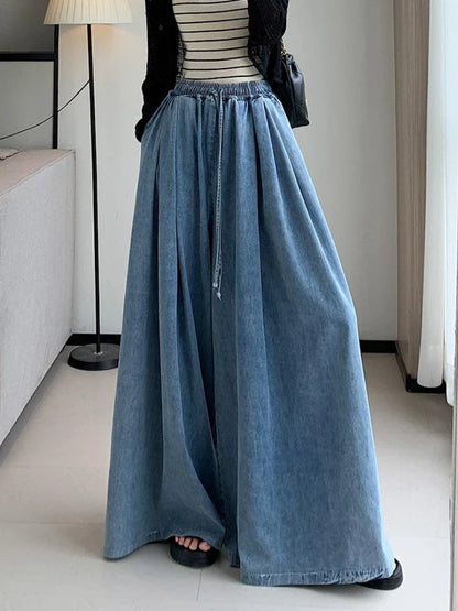 Calça Jeans de Perna Larga, Casual, Solta, com Cadarço e Estilo Lanterna