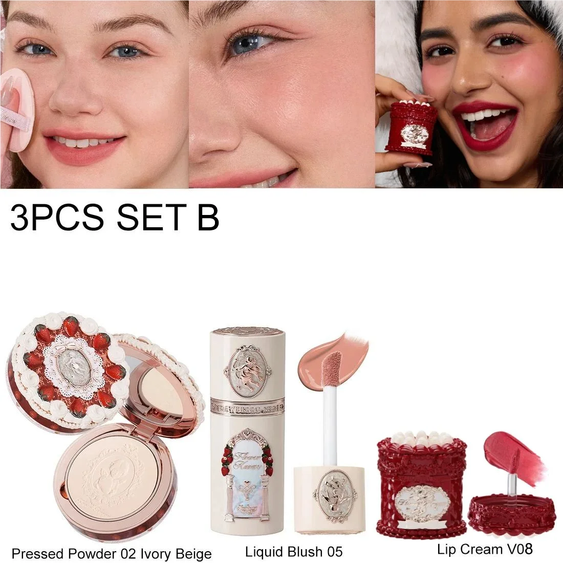 Flower Knows Strawberry Cupid Velvet Matte Lip Cream Pressed Powder Liquid Blush Set Long Lasting Lightweight Makeup