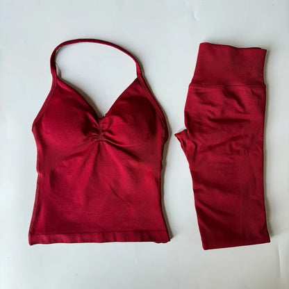 2 Pieces Set Leggings Set Women Backless Tank Tops High Waist Scrunch Gym Suit Fitness Clothes Outfit Workout Yoga Set