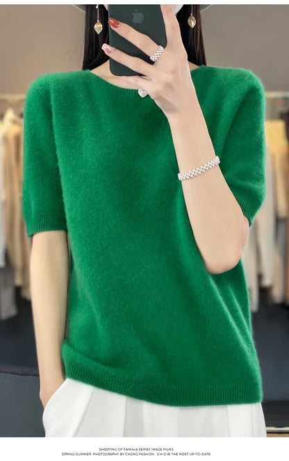 100% pure wool T-shirt spring and summer new women's O-neck pullover short sleeve loose five-sleeve sweater high-end top