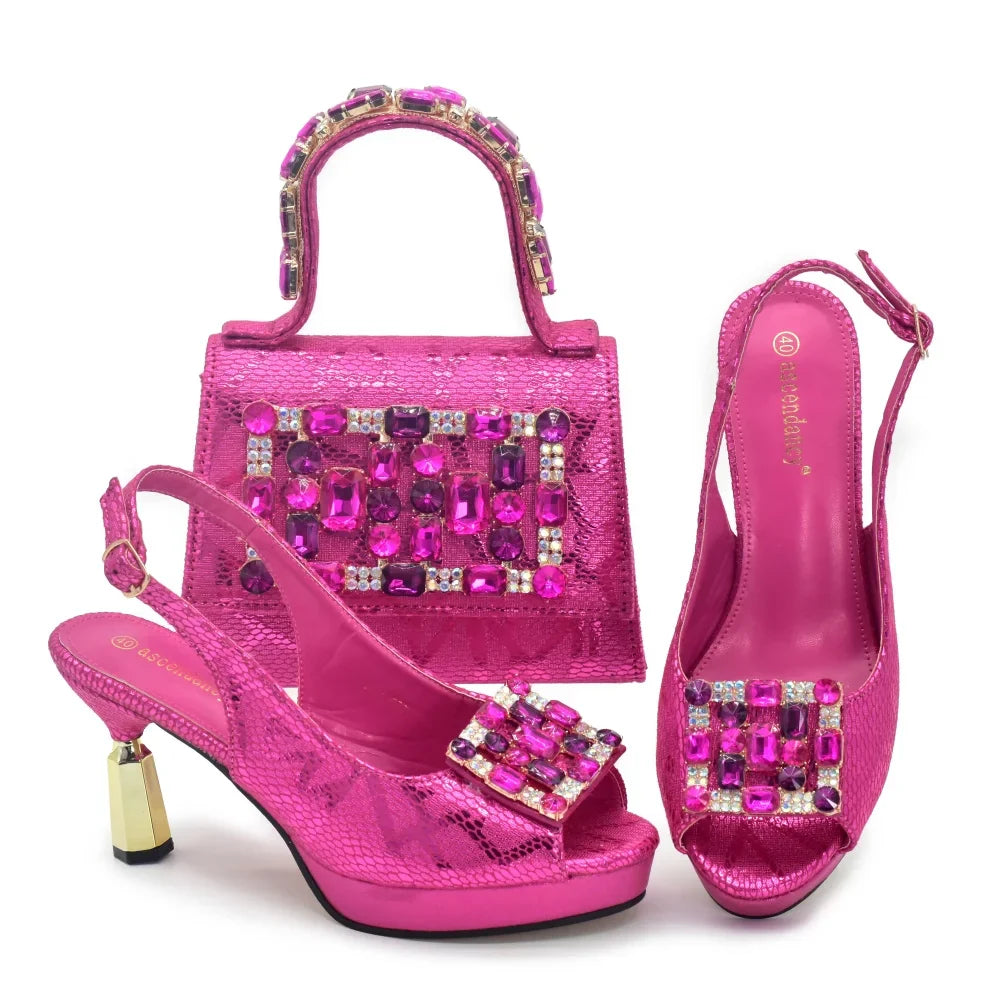 Fashion Bag and Shoe Set Nigeria Party Pumps Women Shoes and Bags To Match Set Italy Lady Rhinestone Pumps Women Luxury