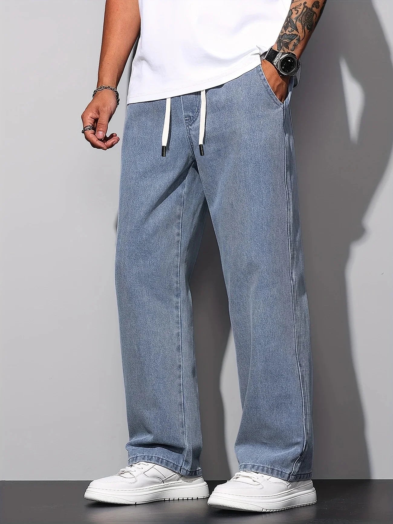 Calça Jeans Masculina Reta Casual, Calça Jeans Solta, Lavável à Máquina e à Mão, Uso em Todas as Estações, Uso Diário, Estilo Urbano