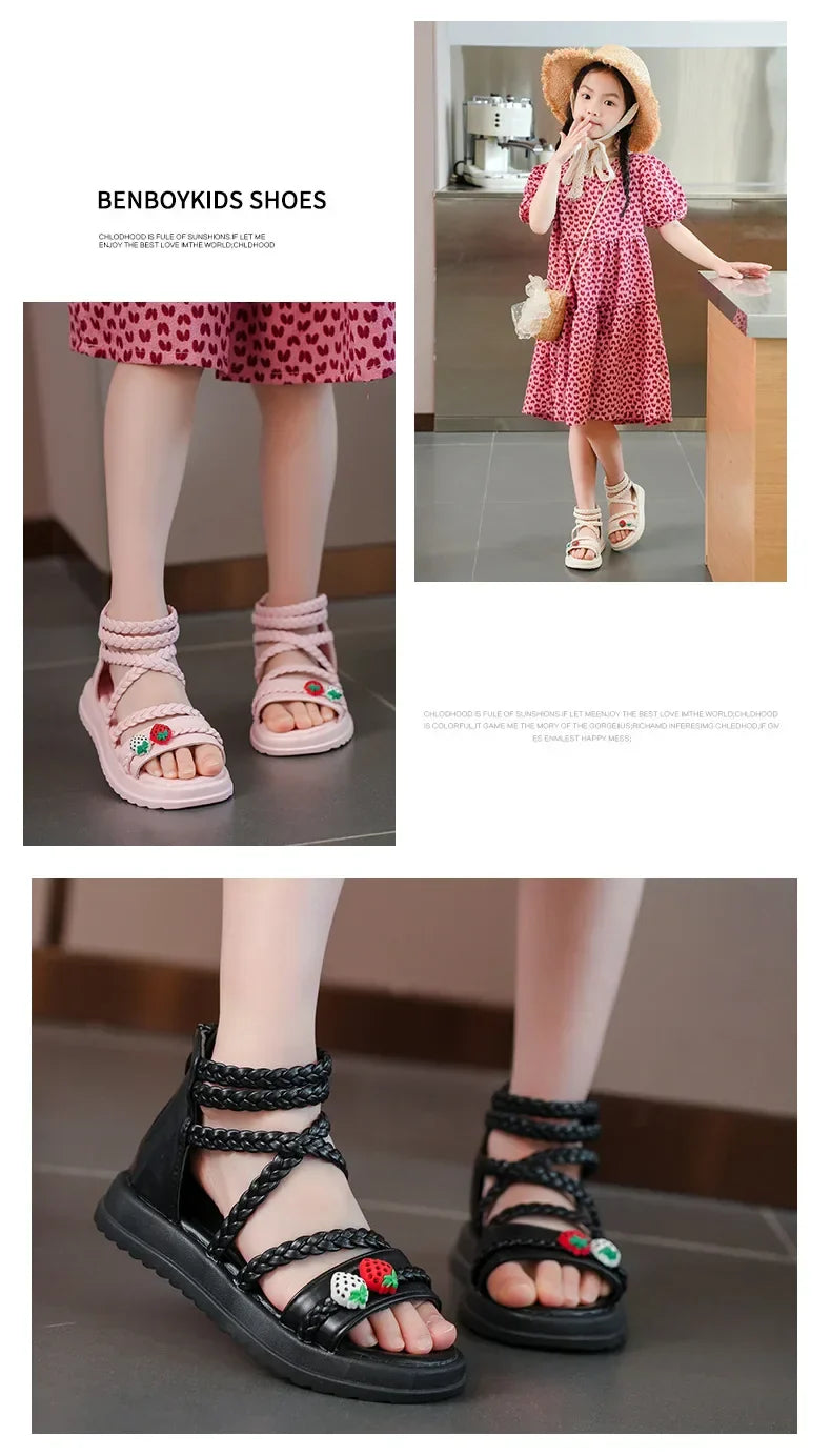 Kids Girls GLADIATOR Sandals Open Toe Knitted Strawberry Summer Non Slip Flat Fashion Children Casual Shoes Roman Shoes Simple