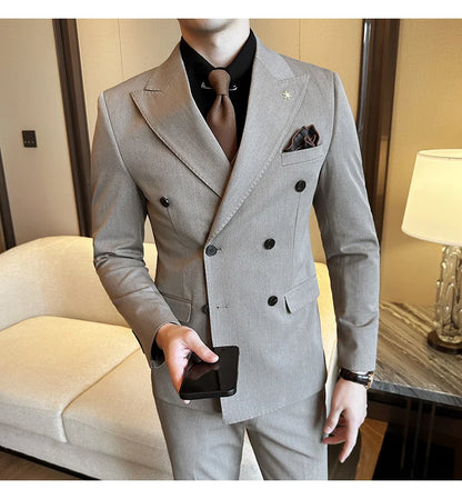 (Jackets+Pants) Luxury Double Breasted Design Slim Fit Suit High Quality Fashion Men's Wedding Social Suit Tuxedo 2 Piece Set