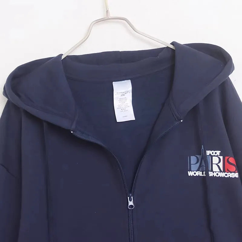 Mickey Mouse Paris Letter Cartoon Print Fleece Sweatshirt Fashion Unisex Women Pockets Hooded Zip Up Jumper Tops