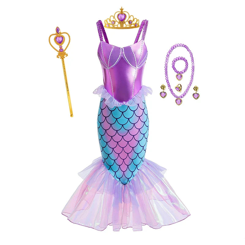 New Ariel Princess Little Mermaid Dress Girl Charm Cosplay Costume Kids Birthday Party Halloween Disguise Clothes