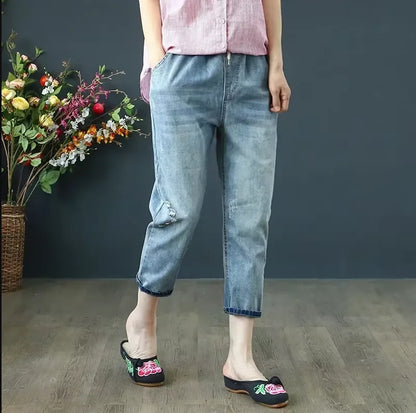 Womens Vintage Floral Loose Denim Pants 2025 Spring Chinese Style Casual Ripped Blue Jeans Holes Elastic Harem Trousers