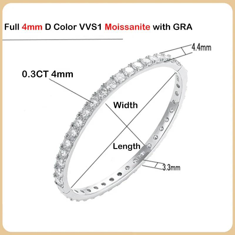 Real GRA Certified D Color 4mm 0.3CT Full Moissanite Bangle Bracelet for Woman Party S925 Sterling Silver Diamond Bracelets